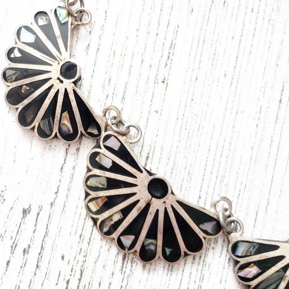 Mexico Sterling Black Onyx, MOP, Abalone Necklace. - Picture 5 of 16